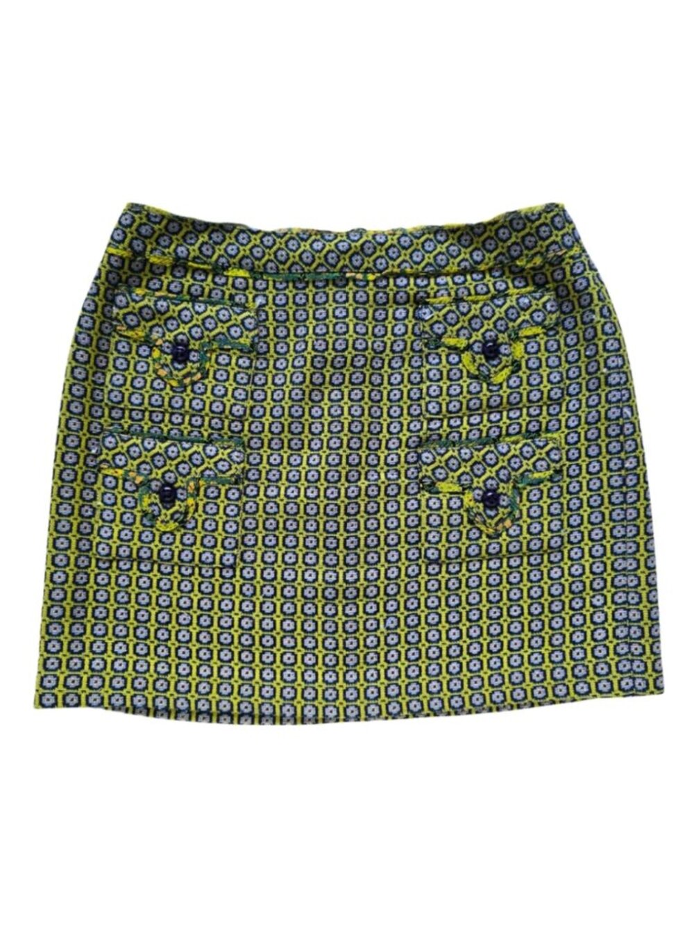 ANNA SUI Jacquard Geometric Mini Skirt Y2K Boho Designer Size 10 Green Pockets
